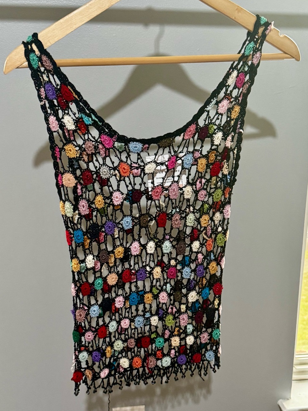 Sheer Multicolor Crochet Tank Top with Black Netting Coverup